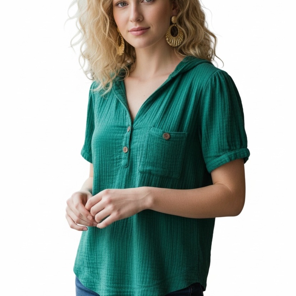 Green Boho Hooded Gauze Henley – Textured Puff Sleeve Lucky Green Top